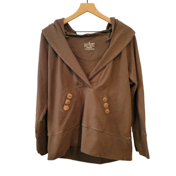 Neon Buddha Brown V-Neck Hoodie Size Large Wooden Buttons Lagenlook - Picture 1 of 5